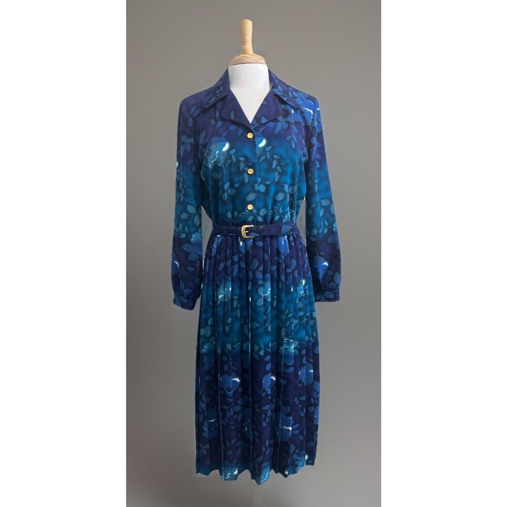 Vintage VICTORIA MORGAN Blue Purple Watercolor Pleated Belted Midi Dress sz 10
